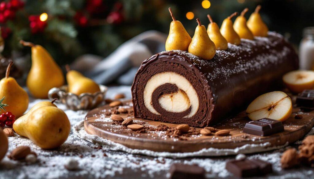 Bûche de Noël poire-chocolat : l’alliance parfaite entre douceur fruitée et fondant intense à partager en famille