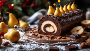 Bûche de Noël poire-chocolat : l’alliance parfaite entre douceur fruitée et fondant intense à partager en famille