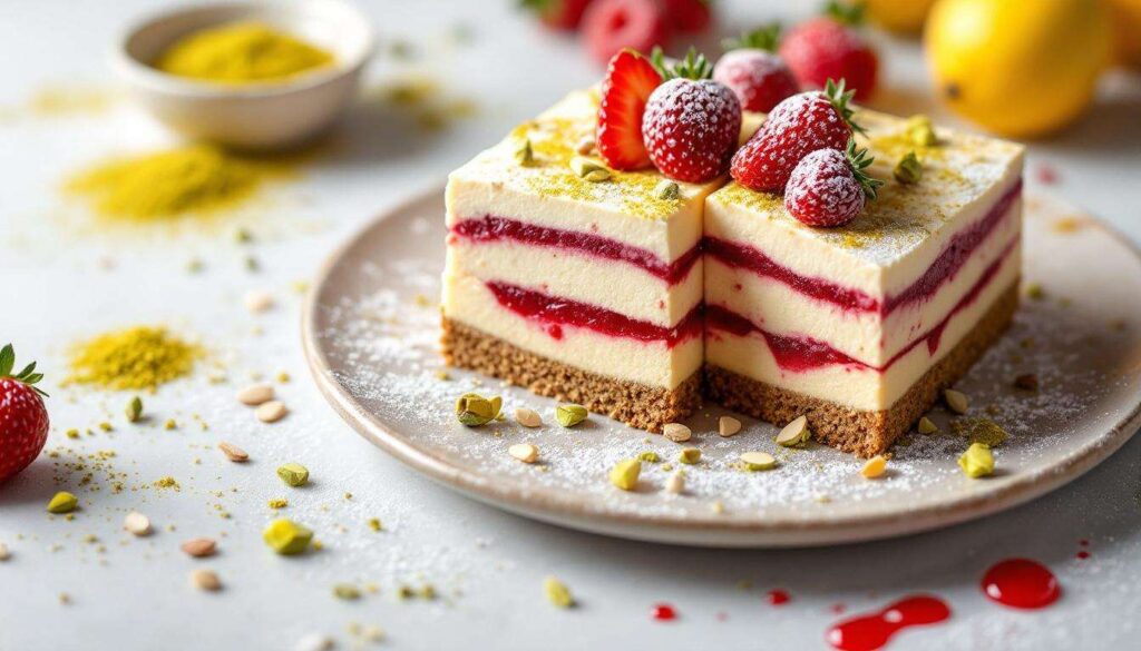 Entremets fruits rouges et pistache : trois mousses légères, une découpe parfaite