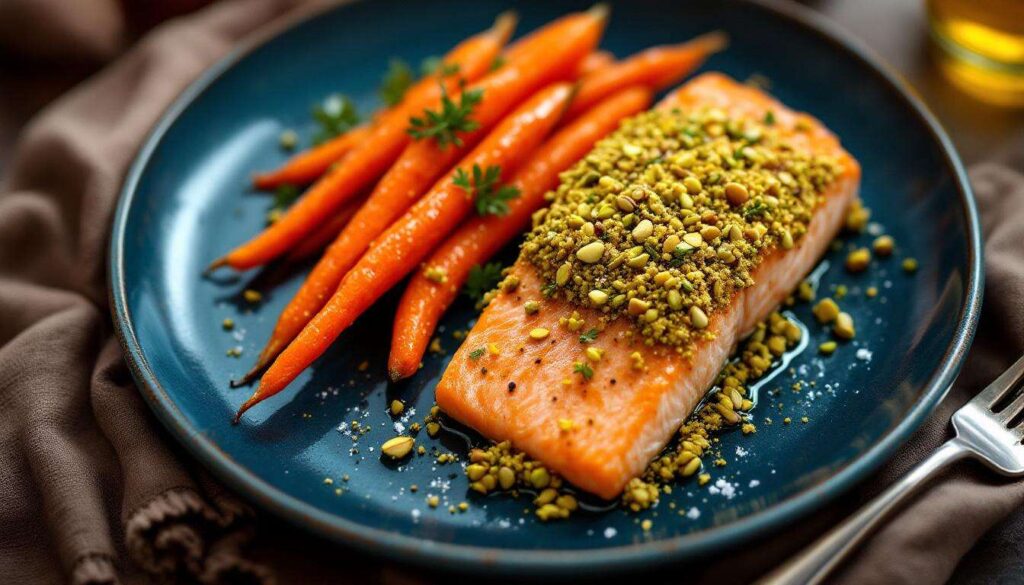 Saumon en croûte de pistaches avec des carottes glacées au miel