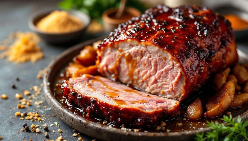 Rouelle de porc caramélisée au miel : cuisson lente au four, viande fondante