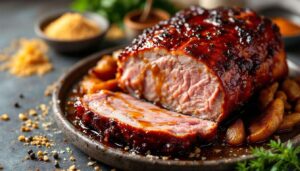 Rouelle de porc caramélisée au miel : cuisson lente au four, viande fondante