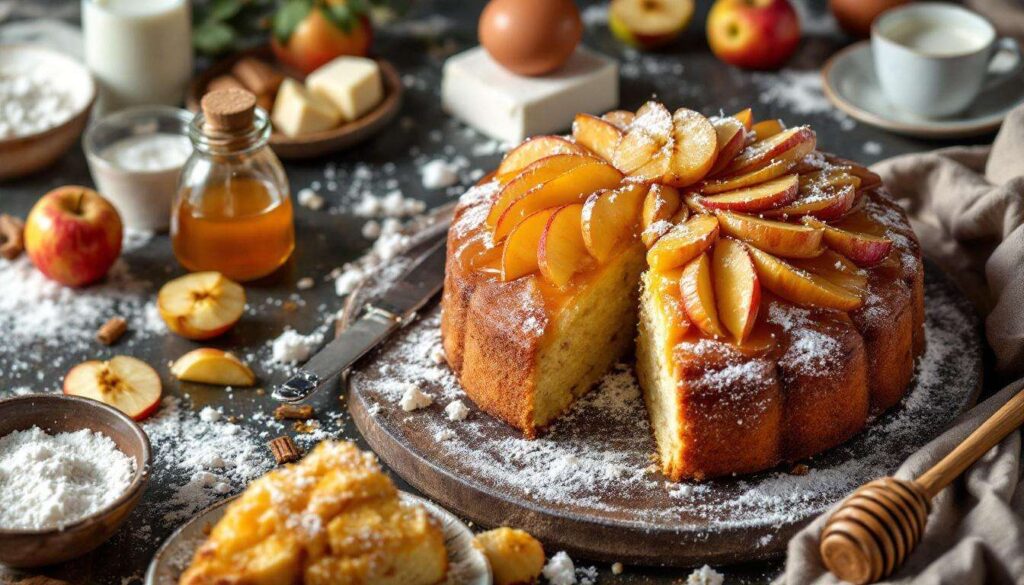 Gâteau tout doux aux pommes caramélisées et sirop chaud