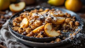 Ce crumble poires-chocolat ultra fondant réchauffe tout l’hiver, avec une croûte dorée qui croustille à la cuillère