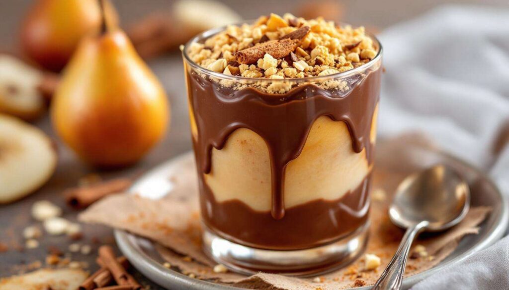 Entre fondant et croquant : verrines poire–chocolat façon crumble