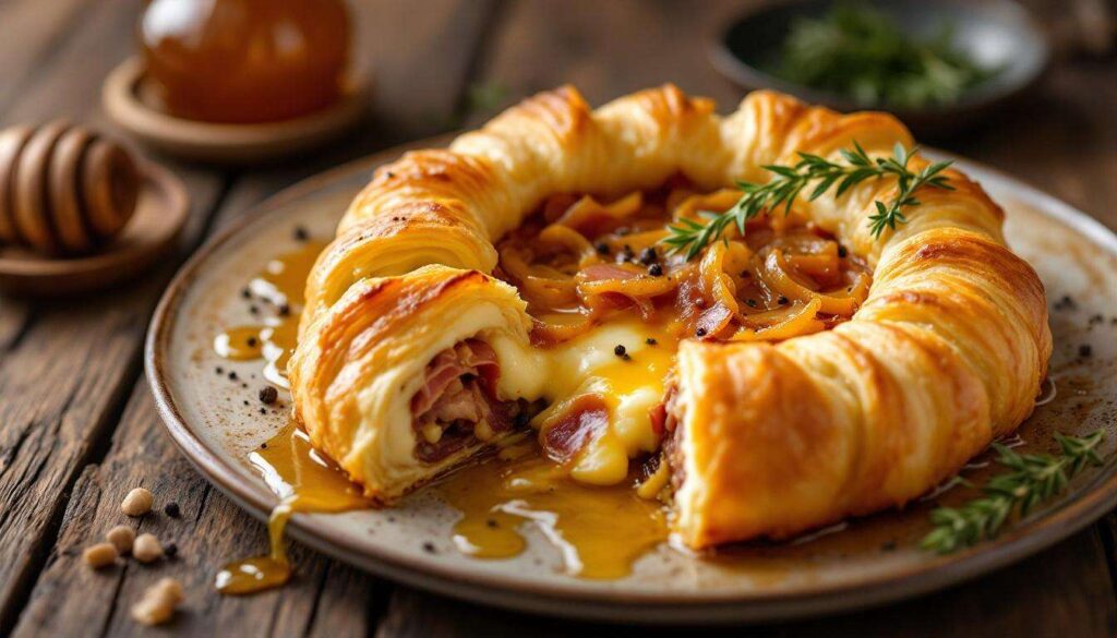 Feuilleté de camembert au jambon cru et oignons fondants : cœur coulant, croûte dorée